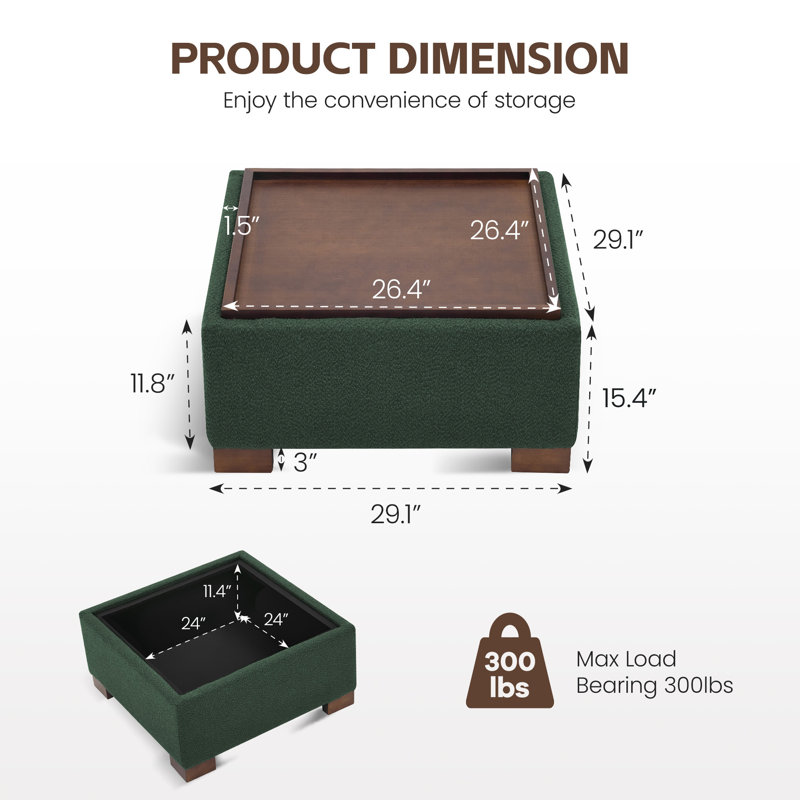 Repose-pieds de rangement l 29,1 po avec plateau en bois, H 15,4 po x l 29,1 po x P 29,1 po, Boucle verte