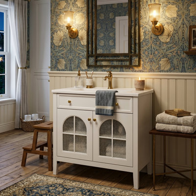 Meuble-lavabo autoportant moderne de 35,6 po de style Mid-Century avec bande lumineuse à capteur de mouvement intégré, portes en verre à motif arche Begonia, tablette ajustable et tiroir rabattable mince, lavabo en céramique profonde (finitions blanche, verte et bleue)