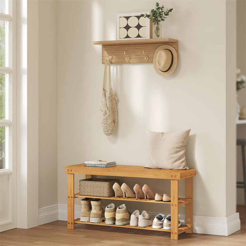 8 Pair Shoe Storage Bench, 3-Tier Bamboo Shoe Rack Bench, Natural