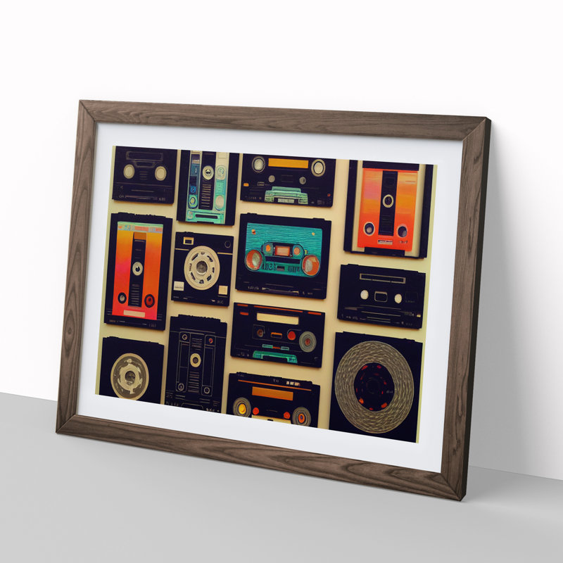 Retro Cassette Tape - Single Picture Frame Painting, 34cm H x 46cm W x 2cm D, Walnut Framed