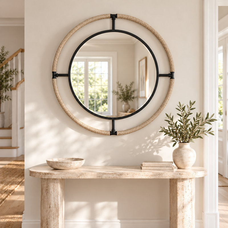 80cm Round Wall Mirror with Natural Hemp Rope and Black Metal Frame