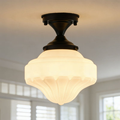 Schoolhouse Style Matte Black Flush Mount Ceiling Light with Glass Shade, E26 Base