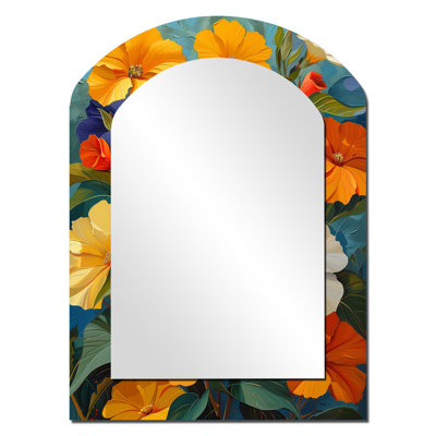 Vibrant jardin orange blanc Morning Glory II - miroir mural asymétrique unique Morning Glory, miroir arqué traditionnel, impression sur métal