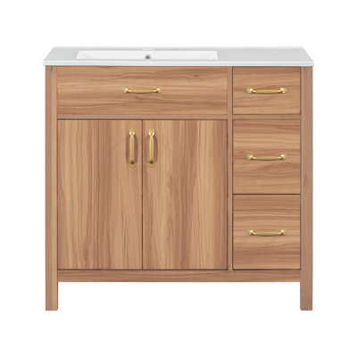36" Wood Bathroom Vanity with Solid Wood Frame, 2 Soft Close Doors, 3 Soft Close Drawers, Adjustable Shelf, Modern Storage Cabinet for Small Bathrooms