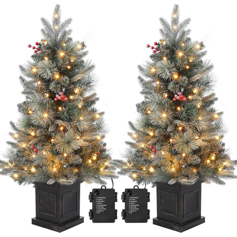 Arbre de Noël artificiel illuminé 3 pi avec lumières à DEL blanc chaud, arbre de Noël enneigé avec minuterie et base de boîte à lumière, ensemble de 2