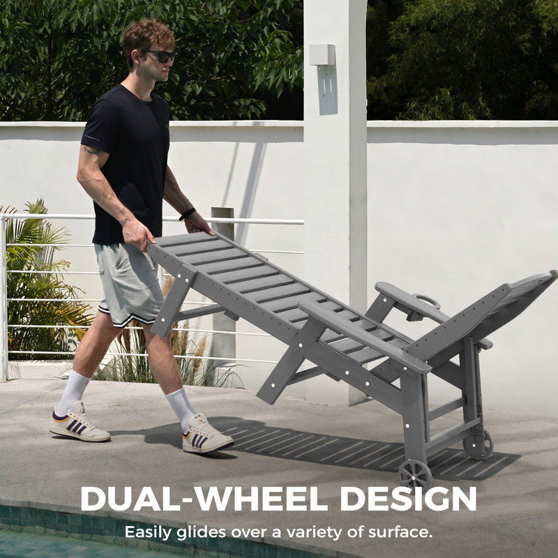 Outdoor HDPE Reclining Lounge Chaise With Wheels & Cup Holder, Gray