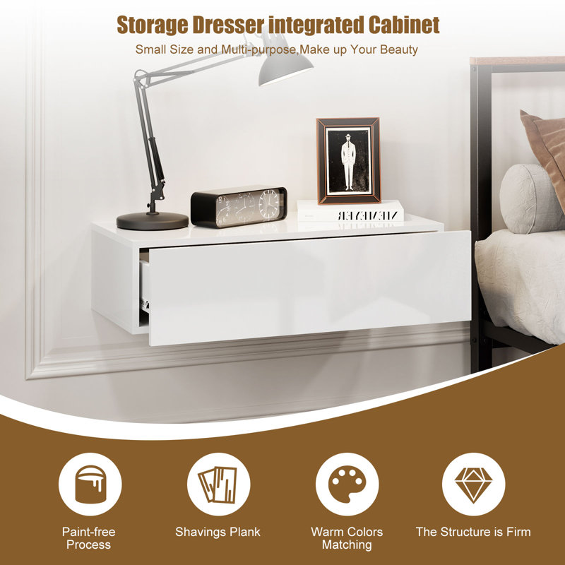 Floating Nightstand with Drawer for Bedroom, White