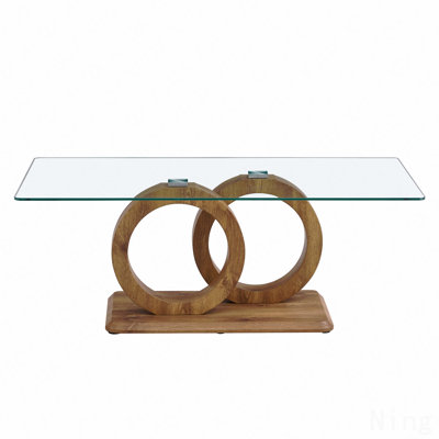 A rectangular modern and fashionable coffee table with tempered glass tabletop and wood grain table legs. Suitable for living room