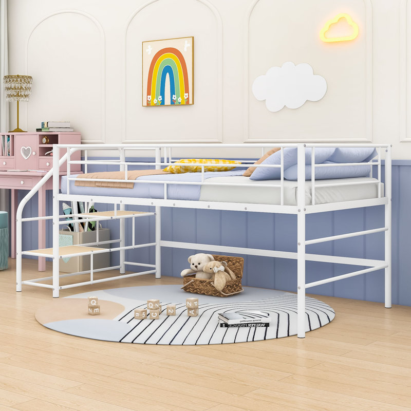 Lit mezzanine simple avec escalier de rangement intégré, Blanc