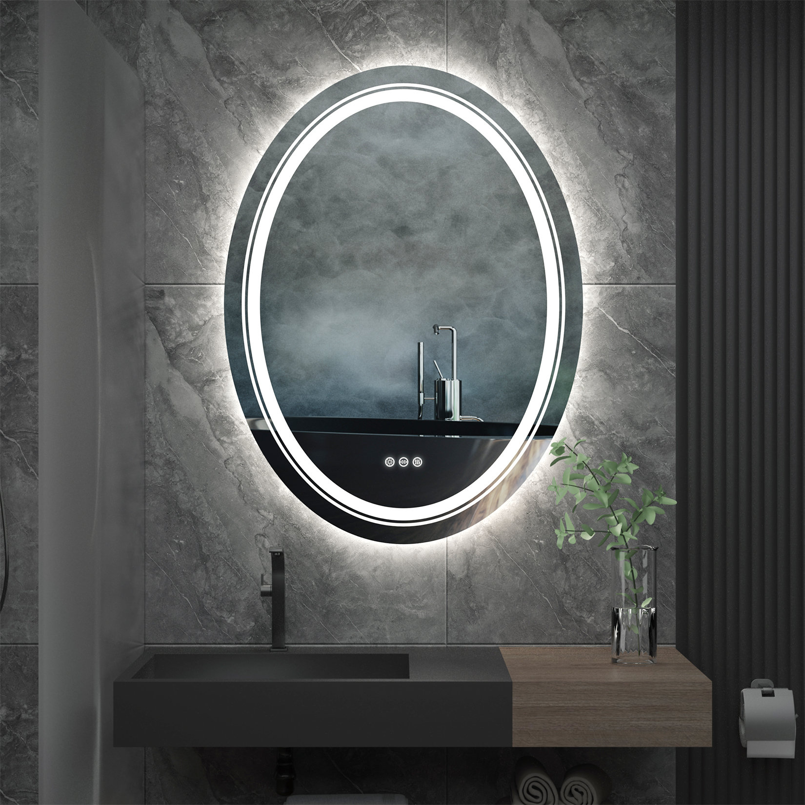Orren Ellis LED Black Framed Bathroom Vanity Mirror, Illuminated Dimmable  Anti Fog Makeup Mirror, 3 Color Light & Reviews