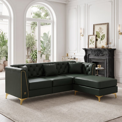 Canapé Chesterfield de luxe 81,5 po à 3 places en similicuir avec capitonnage à boutons, accoudoirs en métal, pieds en métal et 3 coussins décoratifs
