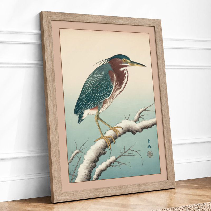 Heron on Branch Japandi - Framed Print, A1 - 84.1 x 59.4 cm, Oak