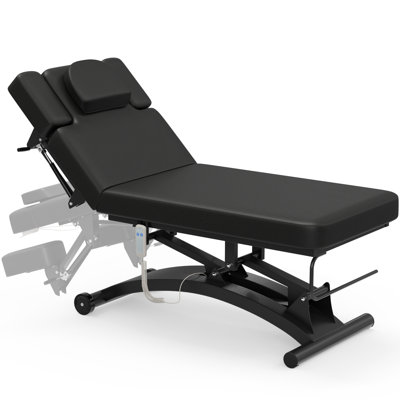Table de massage électrique noire professionnelle avec roulettes, dossier réglable hydraulique et accoudoirs rabattables, capacité de 550 lb