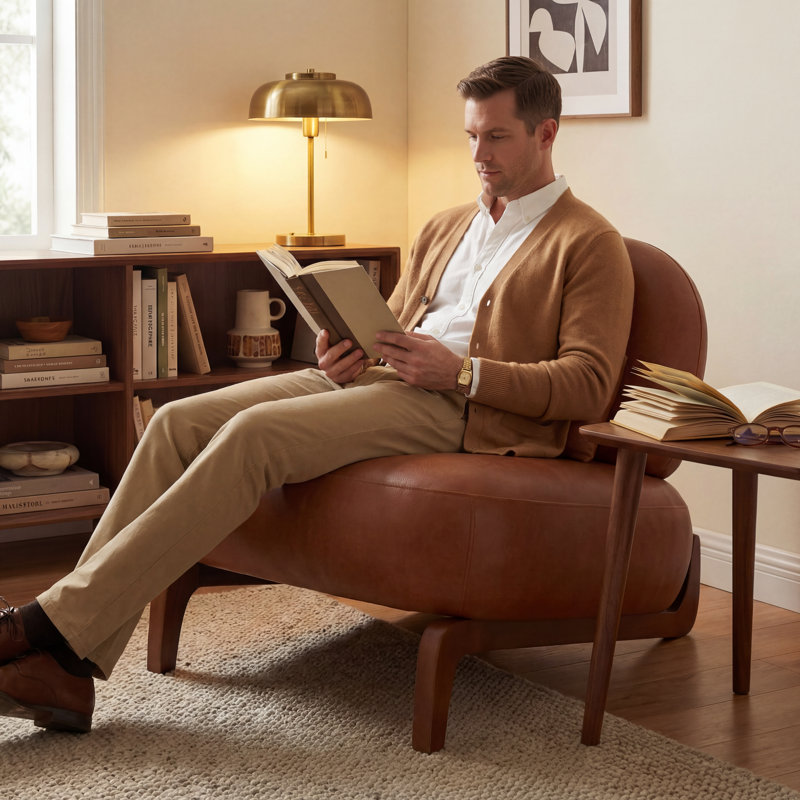 Méridienne Mid-Century moderne avec base traîneau, Similicuir brun cognac