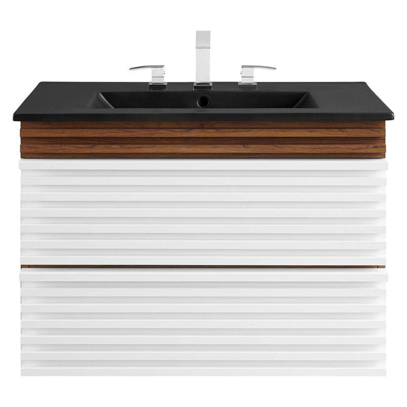 Meuble-lavabo mural Crawley, Noir, Blanc/noyer