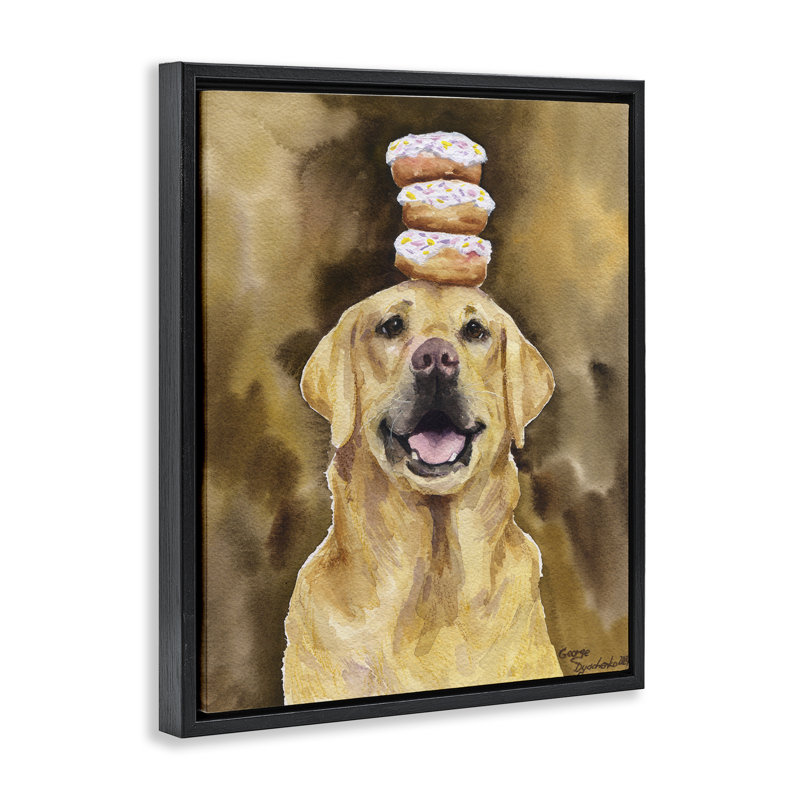 Happy Golden Retriever avec cadre flottant Donuts, conception de George Dyachenko, H 31 po x l 25 po