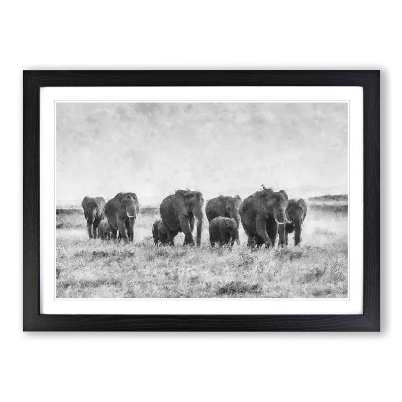Herd of Elephants Roaming - Picture Frame Painting Print, 33cm H x 45cm W x 2cm D, Black Framed