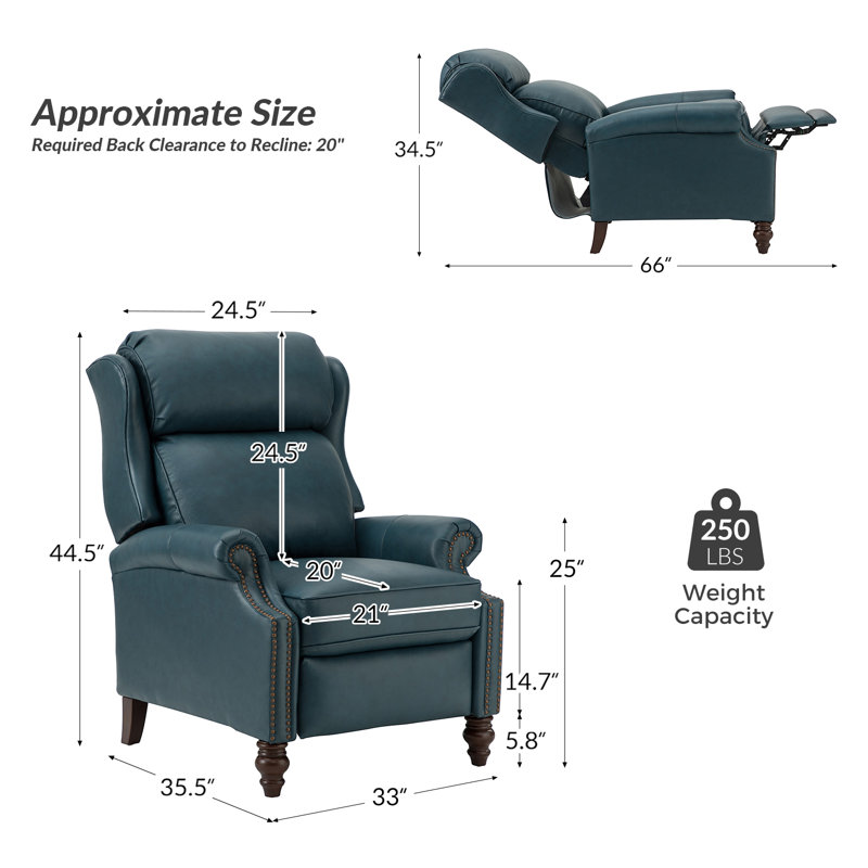 Ambrosane 33" Wide Genuine Leather Recliner, Turquoise Genuine Leather