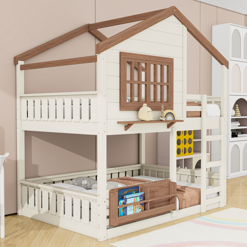 Lit superposé House avec échelle et tablettes, Beige / Naturel, Lit superposé double sur double