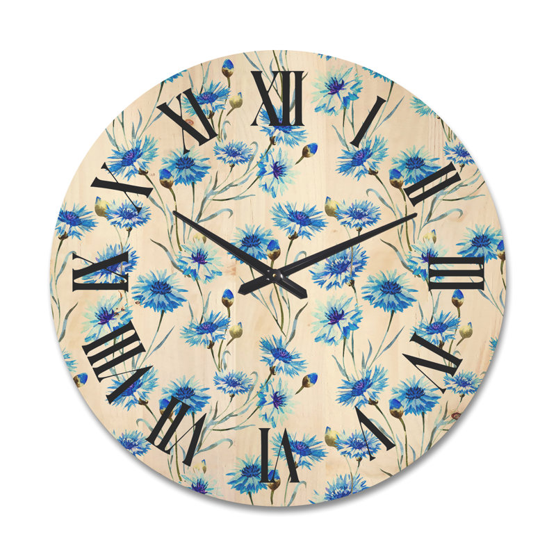 Horloge murale en bois Cornflowers with Leaves II, Très grand