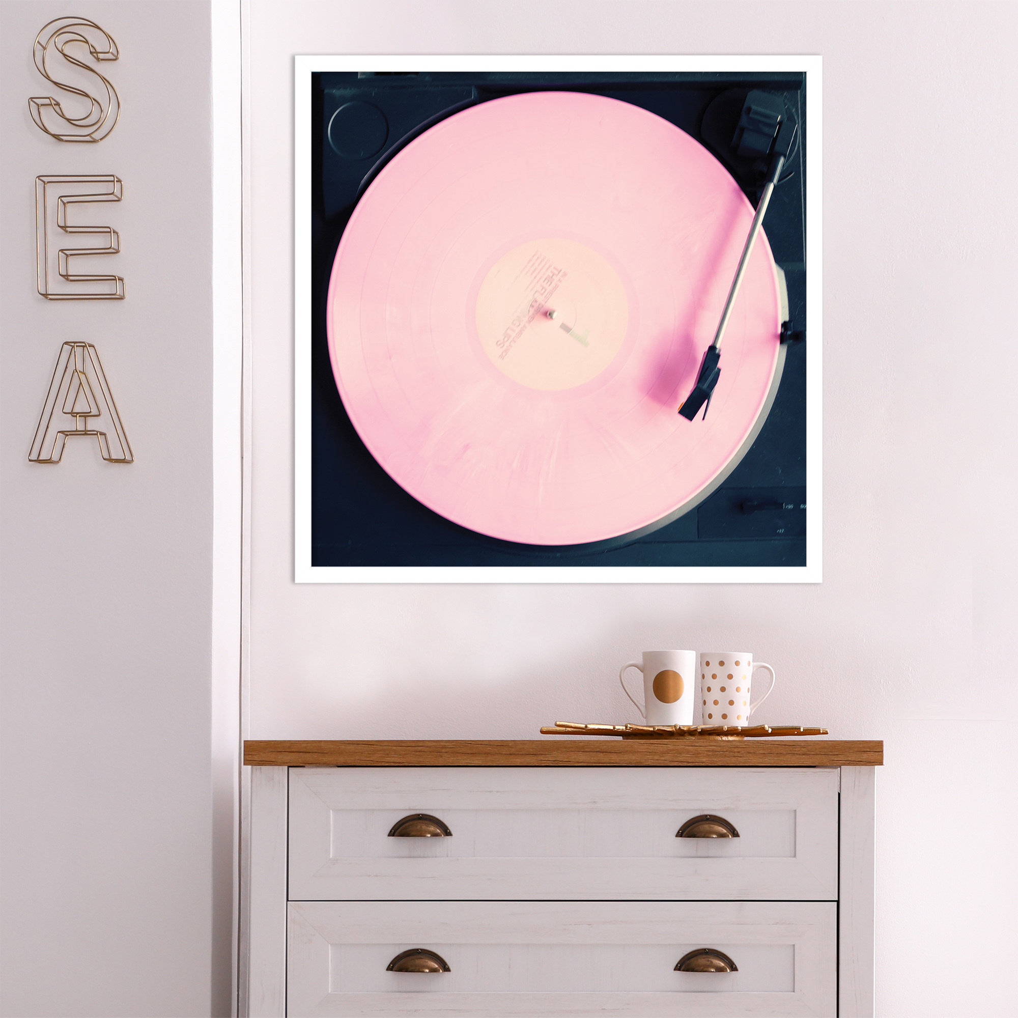 Pink Record by Caroline Mint, 25.25" H x 25.25" W x 0.88" D, White