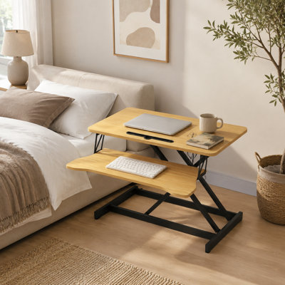 Adjustable Overbed Table with Two-Tier Split Top for Laptop and Reading, Light Wood