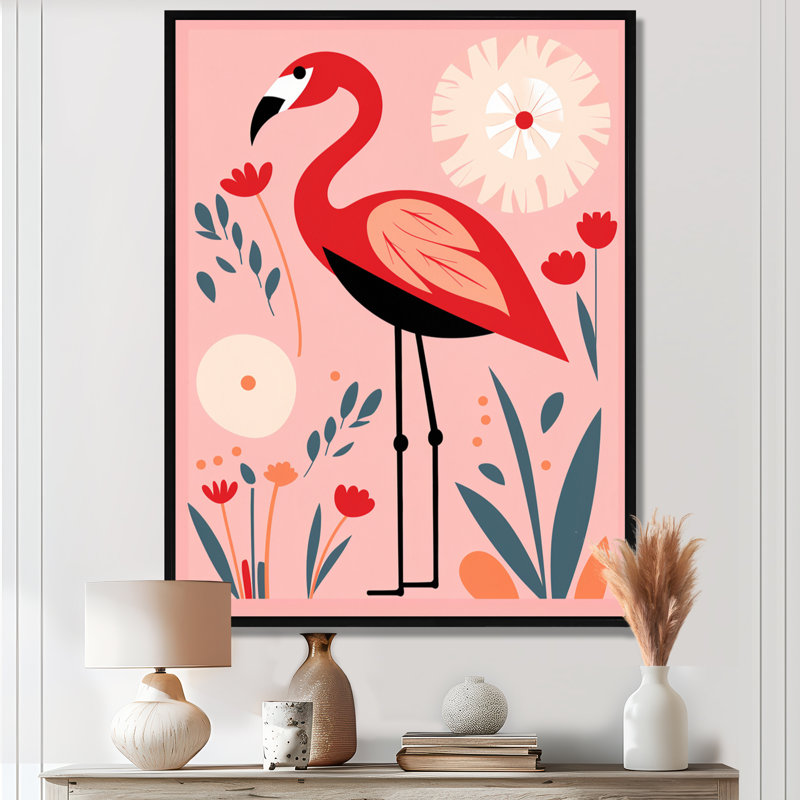 Illustration rétro de flamant rose - flamant rose, art mural, Toile flottante noire encadrée, H 20 po x l 12 po