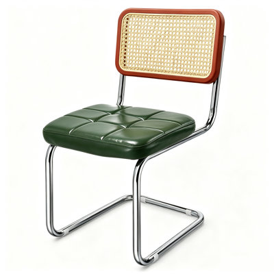 2 PCS Dining Side Chair with Stainless Steel Frame, Tufted Faux Leather Mid Century Kitchen Armless Chair with PP Rattan Back & Cane Mesh, Mid Century Modern Style Chair