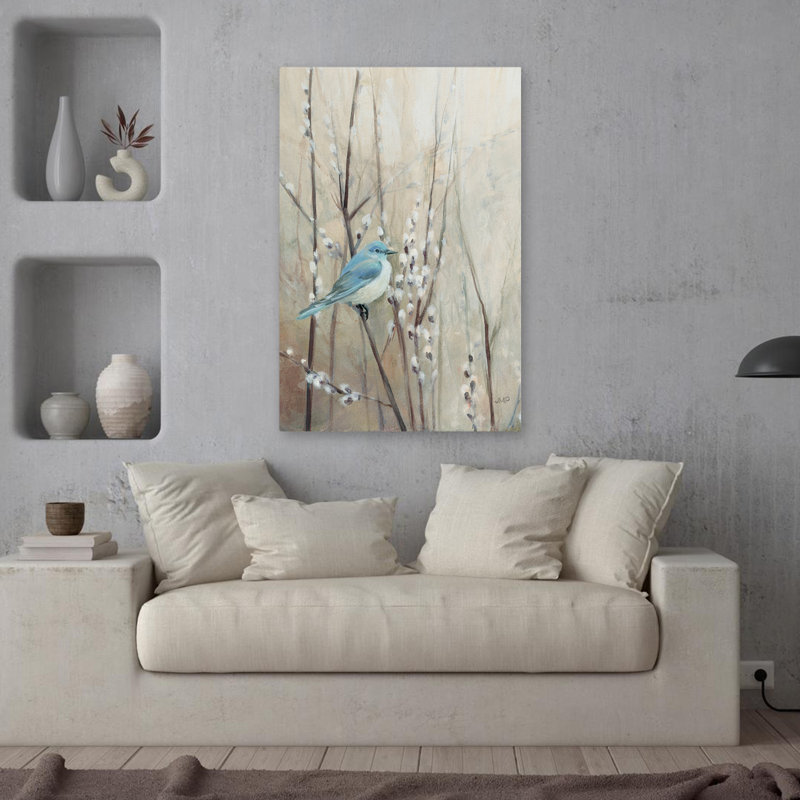 Joli oiseaux neutres, culture IV, animal contemporain, bleu, gris, beige, oiseau, H 36 po x l 24 po