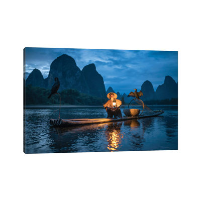 Cormoran chinois, pêcheur, rivière Li, Guangin, Yangshuo, Guilin, Chine - reproduction d'art sur toile tendue