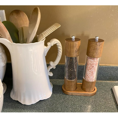 8" Wooden Salt & Pepper Grinder Set with Matching Tray – Adjustable Ceramic Mills for Kitchen & Dining