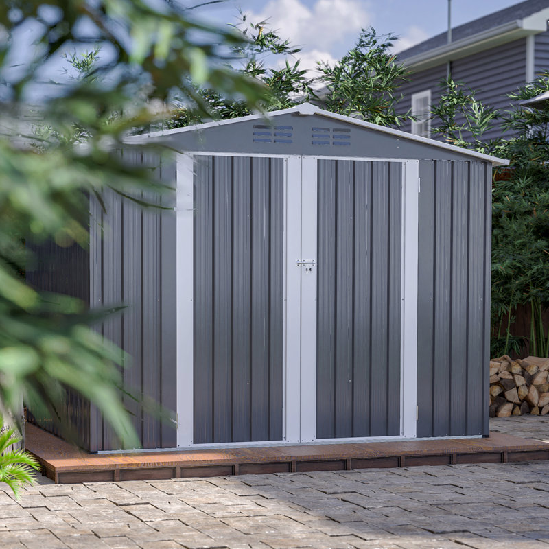 Remise pour outils de jardin 8 x 6 pi imperméable avec fondation en métal avec structure de plancher, remise à outils avec portes à charnières verrouillables et évents