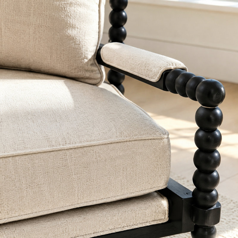 Fauteuil de détente rembourré en tissu avec structure en bois d'hévéa massif, coussin en mousse haute résilience, fauteuil d'appoint moderne pour salon et chambre