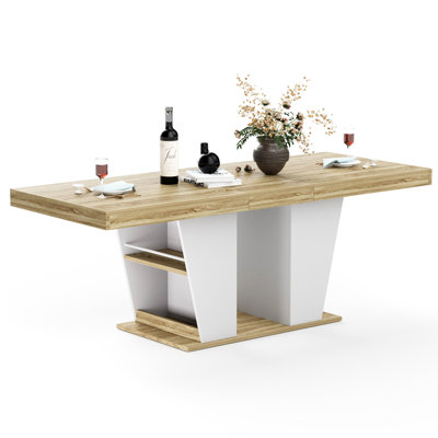 Table de salle à manger extensible de 63 à 78,7 po avec rangement, L 78,7 po x l 31,5 po x H 30,1 po, panneau de particules et panneau de fibres à densité moyenne, 1 pièce, table de salle à manger, naturel et blanc, design rustique