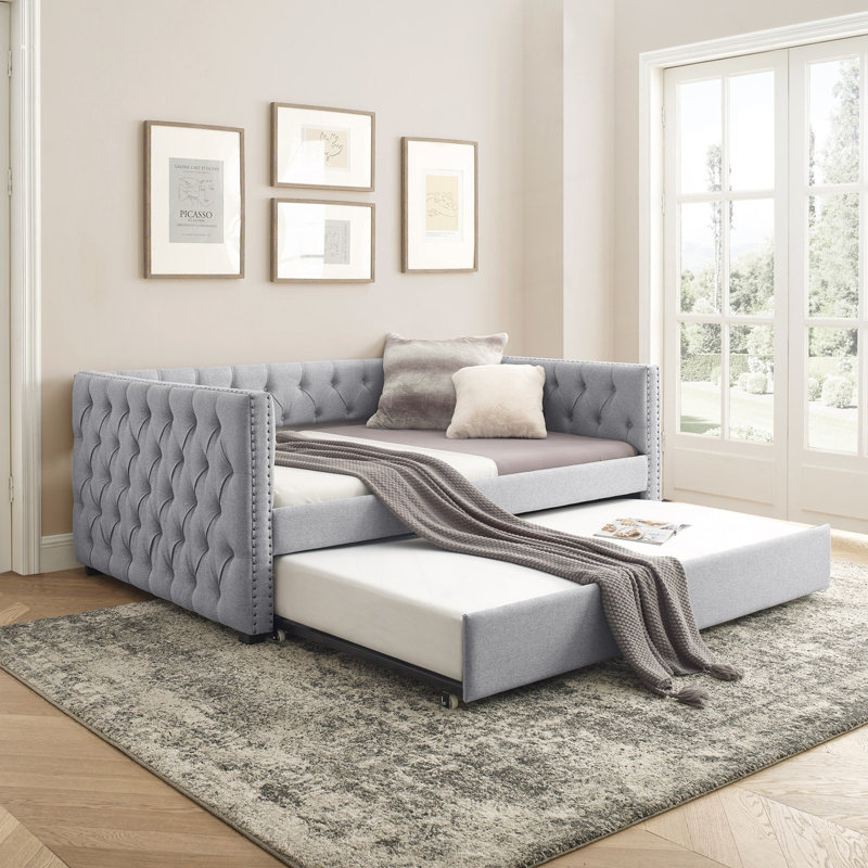 Lit de jour moderne double avec gigogne simple et canapé-lit capitonné, Gris