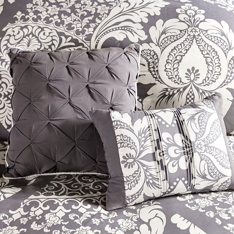 Grey Queen Comforter 7 Piece, , Cotton Print, Solid Reverse Complement, Filling, Decorative Pillows 7 Bedding , Queen, Intricate Pattern, And