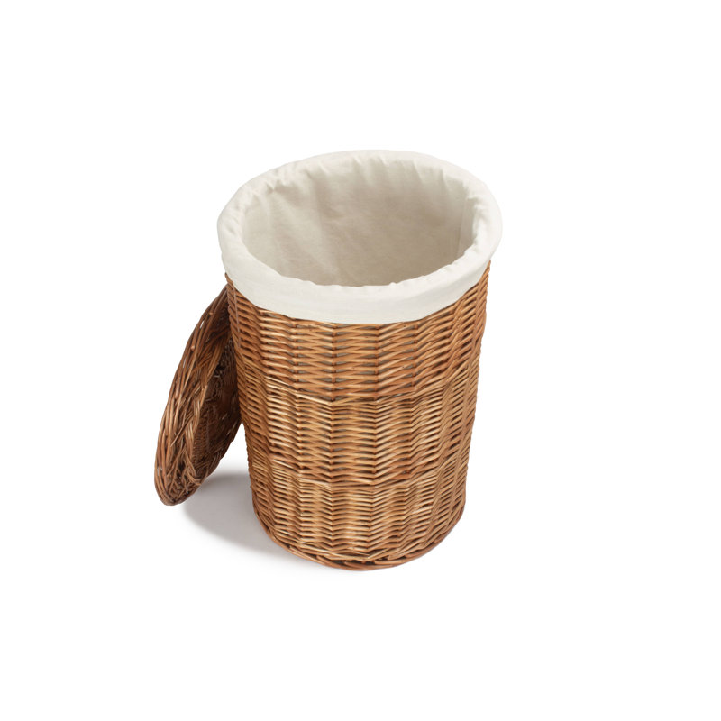 Wicker Round Laundry Hamper Basket with Lining, Light Steamed/White, 50cm H x 33cm W x 33cm D