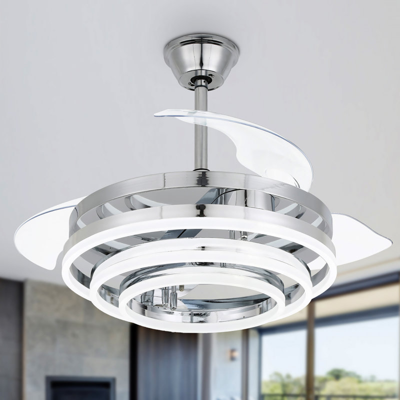 Heighton 36'' Retractable LED Ceiling Fan with Remote and Light Kit DC Motor 6 Speeds, Chrome
