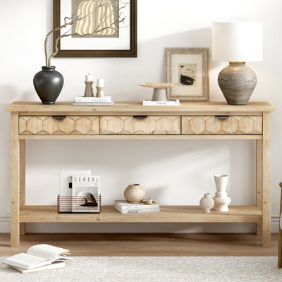 Console moderne avec façade en nid d'abeille et finition élégante en placage de sapin naturel