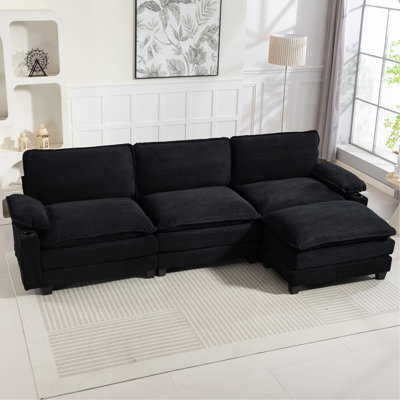 Canapé de style moderne en velours côtelé de L 113 po et 113 po, canapé modulaire modulaire en nuage avec repose-pieds, éponge à haute résilience 35D et coussin épais double couche, porte-gobelets, sacs de rangement, divans pour salon, appartement.