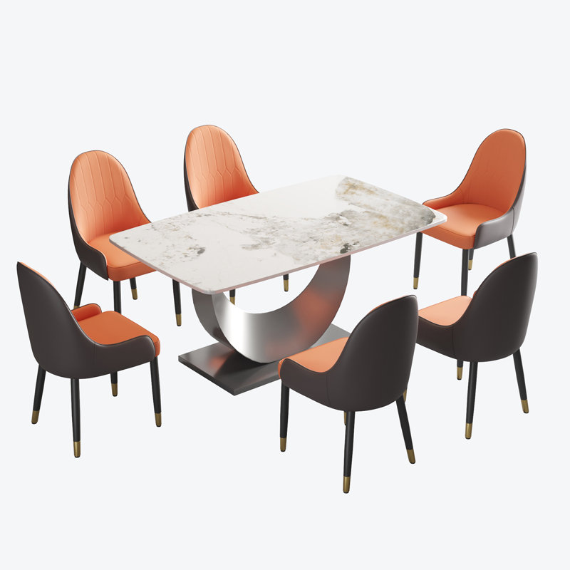 Ensemble de table de salle à manger à piédestal en pierre 7 pièces, Marbre blanc, Orange / noir
