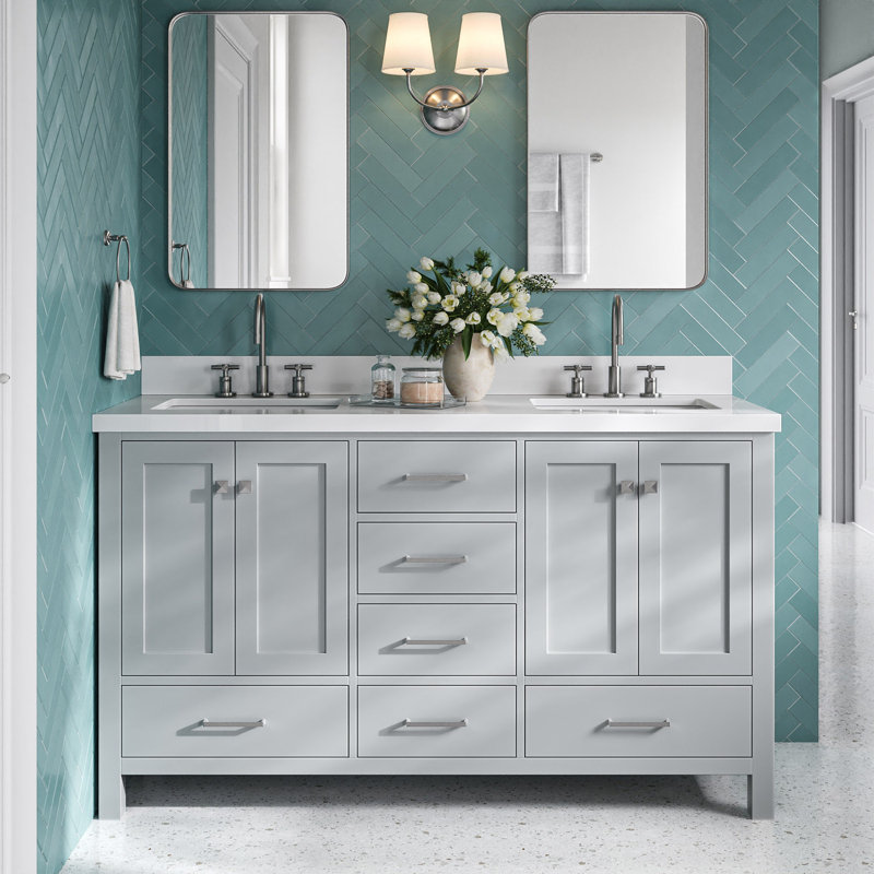  Ensemble de meuble-lavabo double 61 ", Gris / Nickel brossé, Rectangular