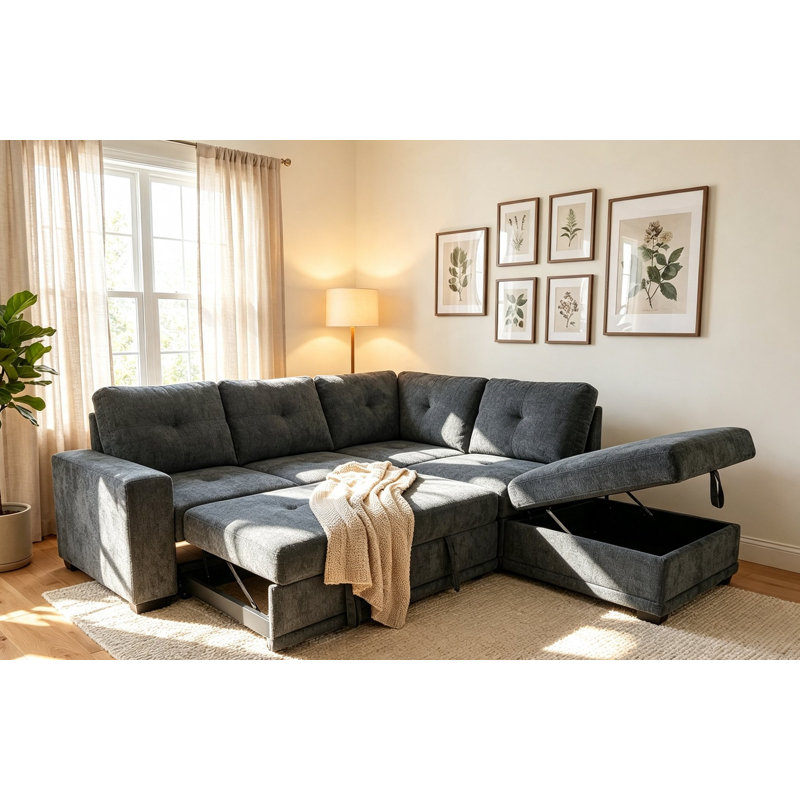 Kathy Reversible Pull-out Sleeper Sectional In Charcoal Chenille, Charcoal Polyester Blend