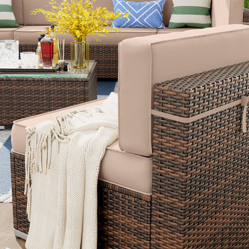 Angeli 8 Person Rattan Seating Group with Fire Pit Table, Coffee Table, Khaki