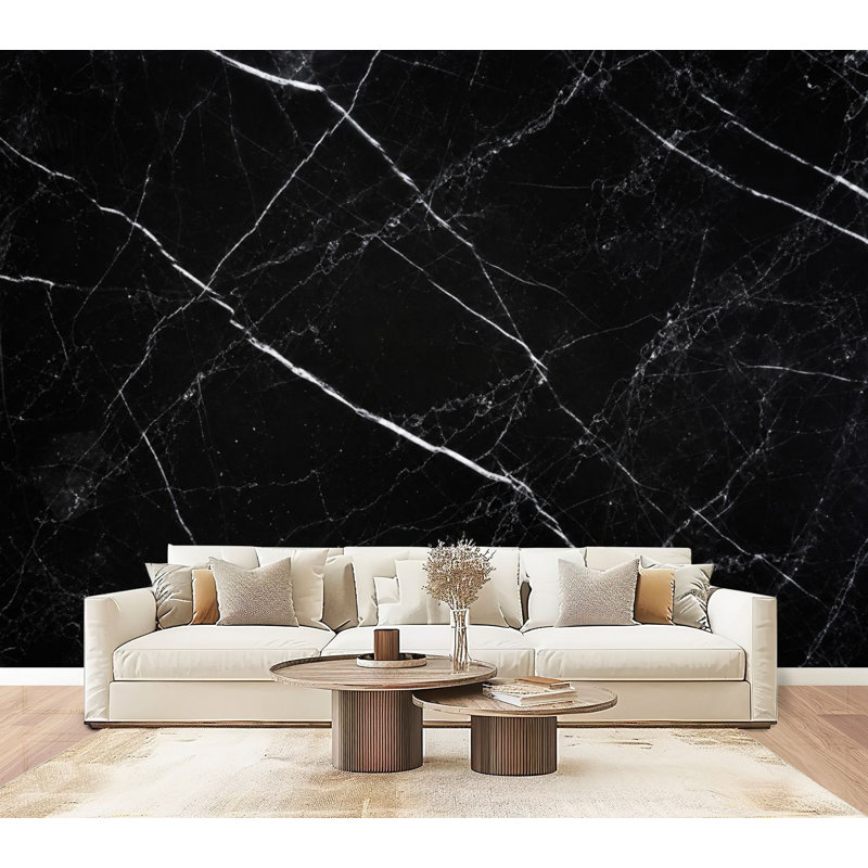 Papier peint adhésif auto-adhésif élégant noir marbré blanc veines H 69 po x l 96 po pour chambre à coucher, 96" L x 69" W