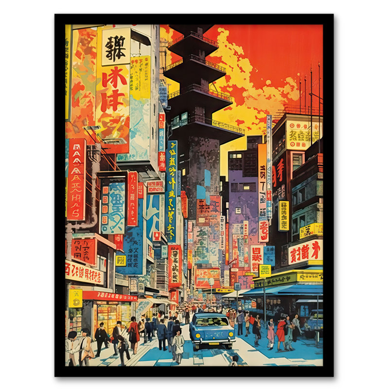 Aldrin Downtown Tokyo Street Scene 1960's Orange and Yellow 1 Piece Single Picture Frame Wall Art