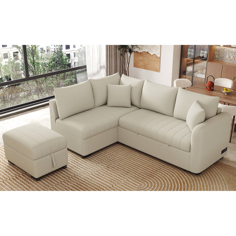 Canapé-lit modulaire beige avec prises de courant, rangement et coussins amovibles