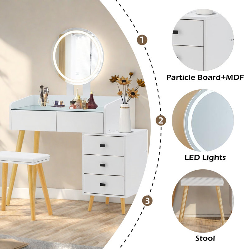 Dressing Table With LED Lights Glass Top Dressing Table With Extendable Side Table 5 Drawers Dressing Table With Mirror And Stool For Bedroom