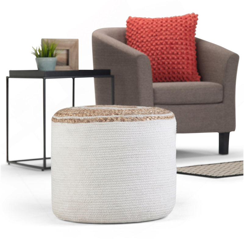 Serena - Pouf rond tressé - Naturel, Tissu blanc