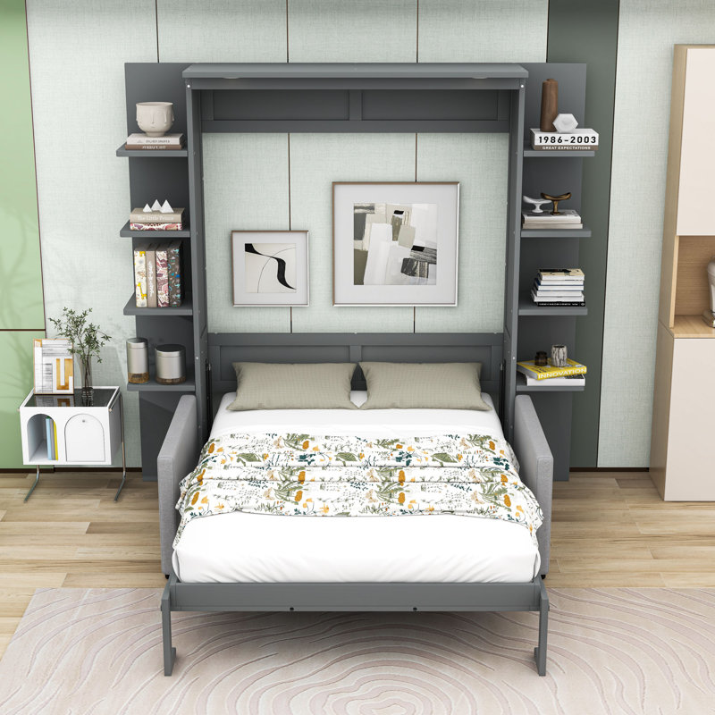 Grand lit escamotable en bois avec lumières et tablettes, gris